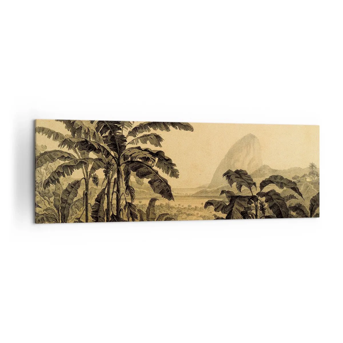 Impression sur toile - Image sur toile - Dessin de bananiers sur fond de paysage tropical - 160x50cm - Dans un climat colonial - Décoration murale moderne pour le salon et la chambre ARTTOR