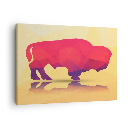Impression sur toile - Image sur toile - Silhouette géométrique d'un bison dans les tons de rouge et de violet - 70x50cm - La force amarante du bison - Décoration murale moderne pour le salon et la chambre ARTTOR