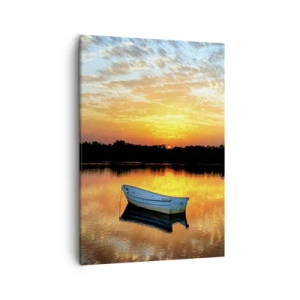 Impression sur toile - Image sur toile - Un bateau sur un lac calme au coucher du soleil - 50x70cm - Regardez, écoutez, méditez - Décoration murale moderne pour le salon et la chambre ARTTOR