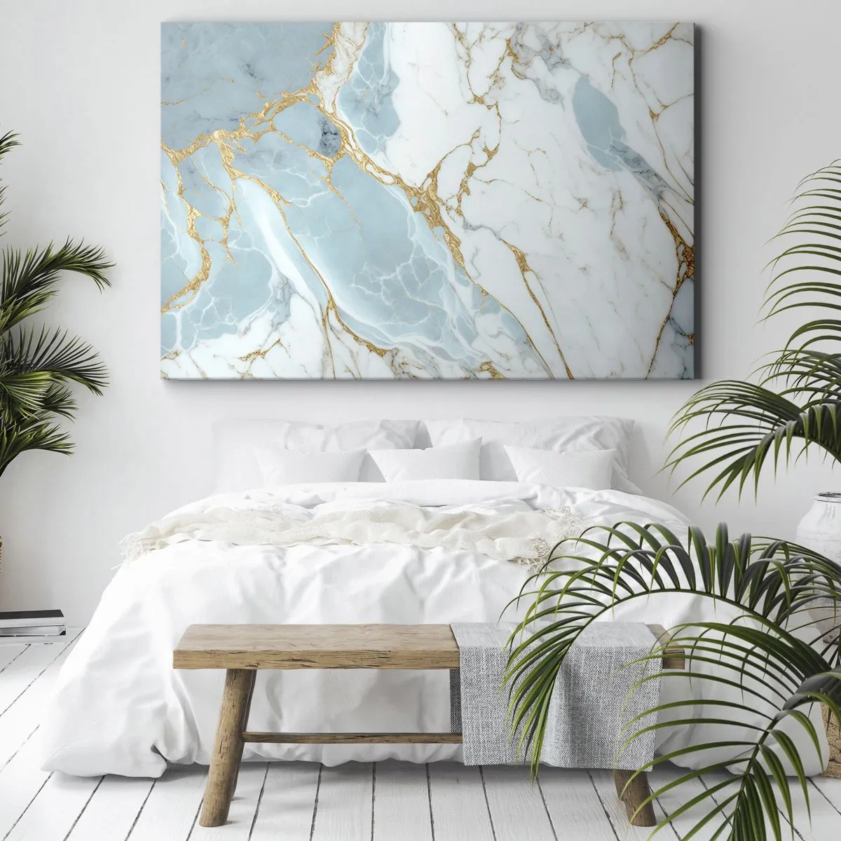 Impression sur toile - Image sur toile - Motifs en marbre bleu et blanc avec des veines dorées ajoutées - 70x50cm - Richesse en pierre - Décoration murale moderne pour le salon et la chambre ARTTOR