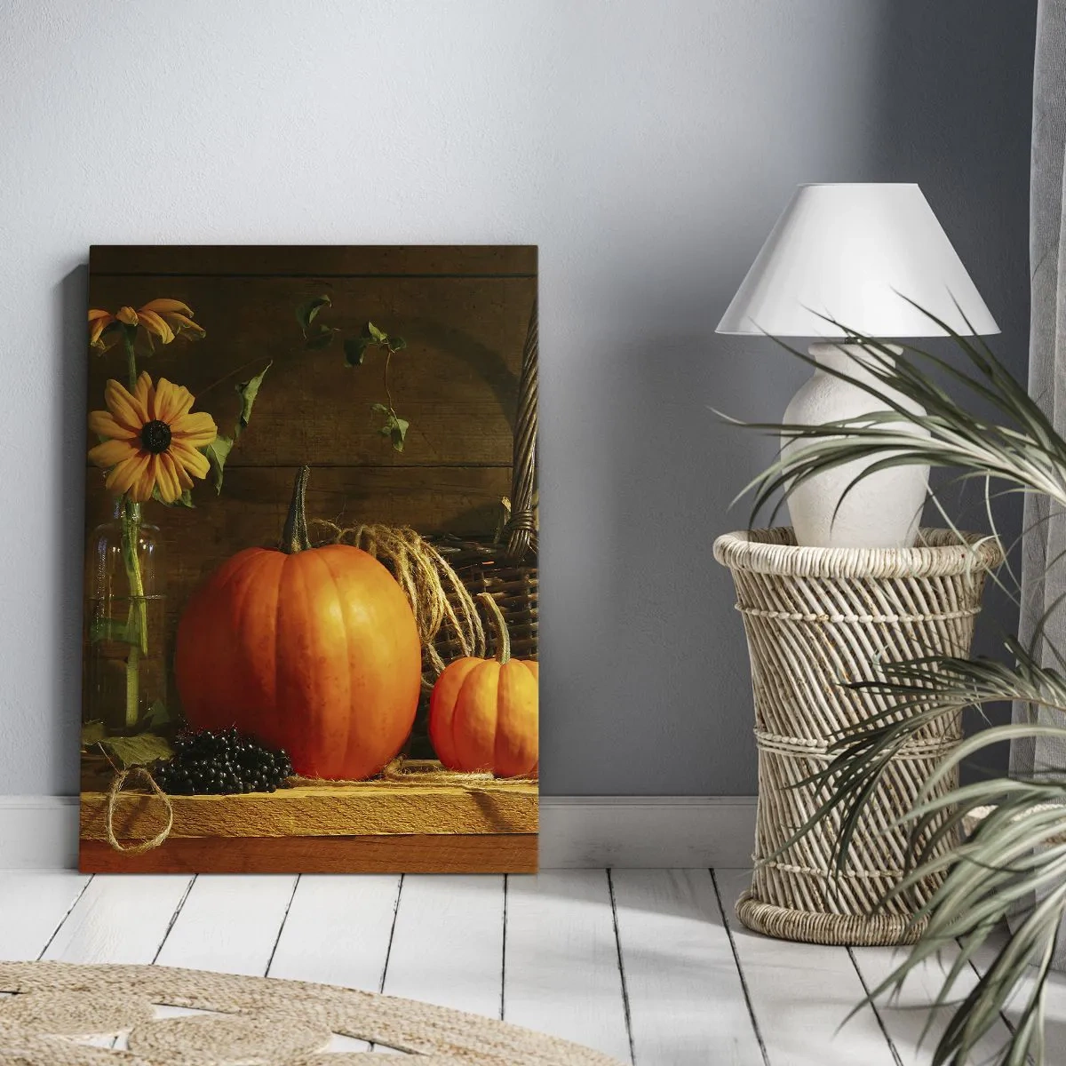 Impression sur toile - Image sur toile - Composition d'automne avec citrouilles et fleurs sur fond de bois - 80x120cm - Une composition rustique - cadeaux d'automne - Décoration murale moderne pour le salon et la chambre ARTTOR
