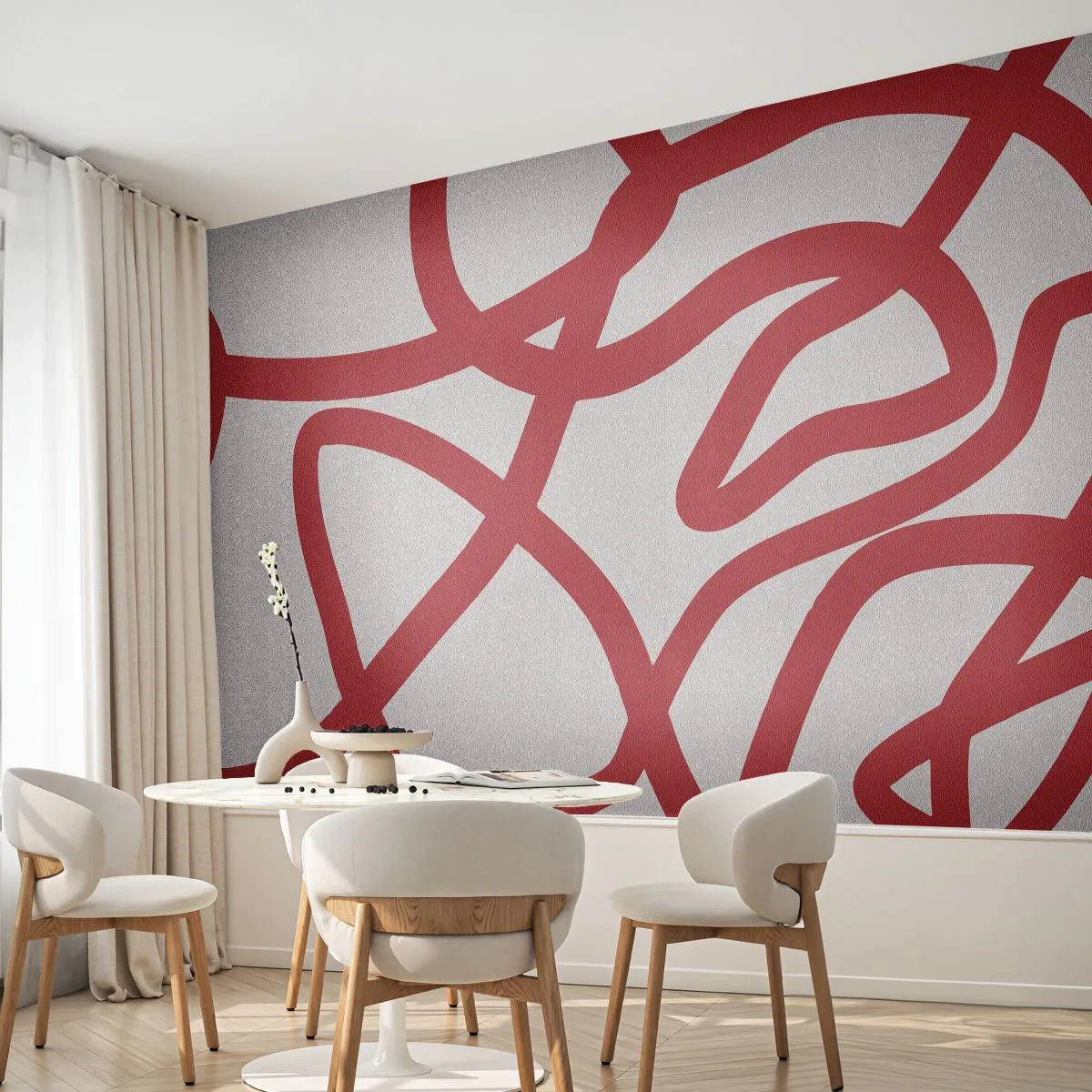Papier Peint Photo Premium Sand - Lignes rouges irrégulières sur fond blanc dans un style abstrait. - 100x70cm - Rouge sur blanc - Décoration murale moderne pour le salon et la chambre ARTTOR