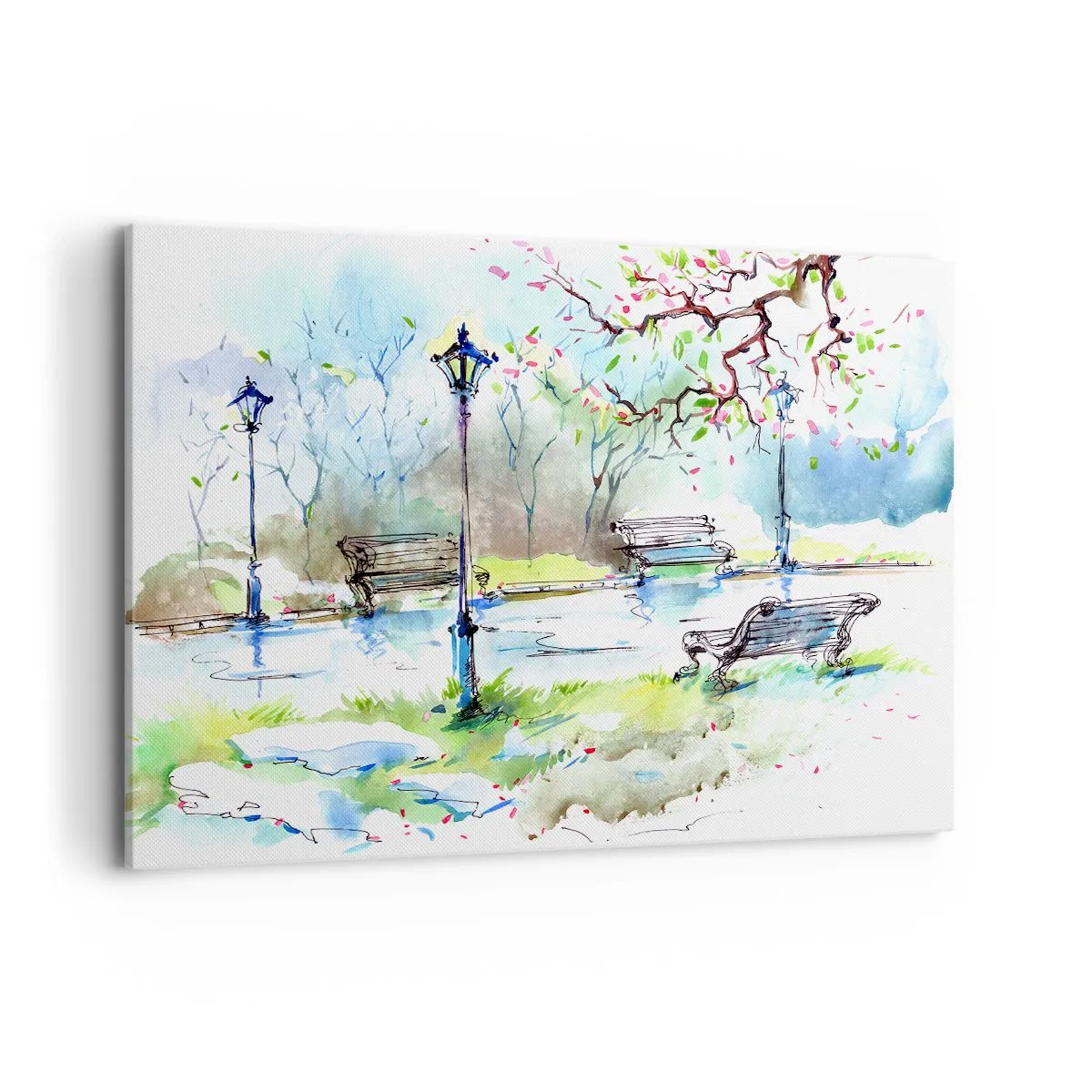 Impression sur toile - Image sur toile - Scène de parc à l'aquarelle avec bancs et lampes - 120x80cm - Le charme du silence d'un parc - Décoration murale moderne pour le salon et la chambre ARTTOR