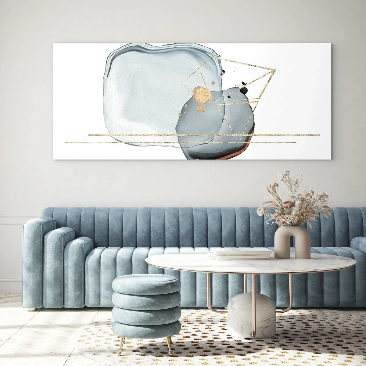 Impression sur verre - Image sur verre - Formes abstraites dans des tons de bleu et d'or sur fond blanc - 160x50cm - Etude des gouttes - Décoration murale moderne pour le salon et la chambre ARTTOR