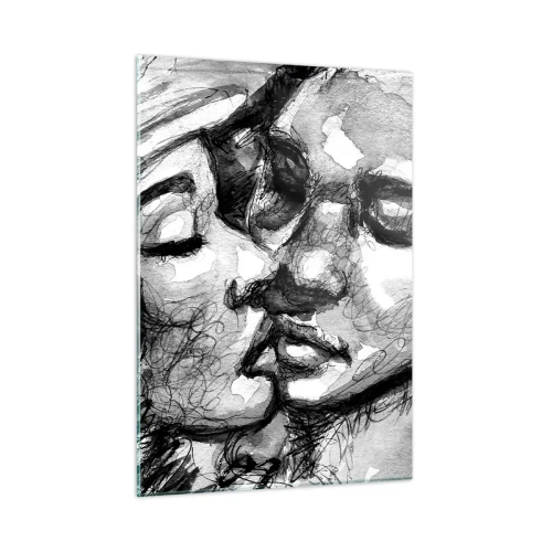 Impression sur verre - Image sur verre - Croquis en noir et blanc d'un tendre baiser - 50x70cm - Un moment tendre - Décoration murale moderne pour le salon et la chambre ARTTOR