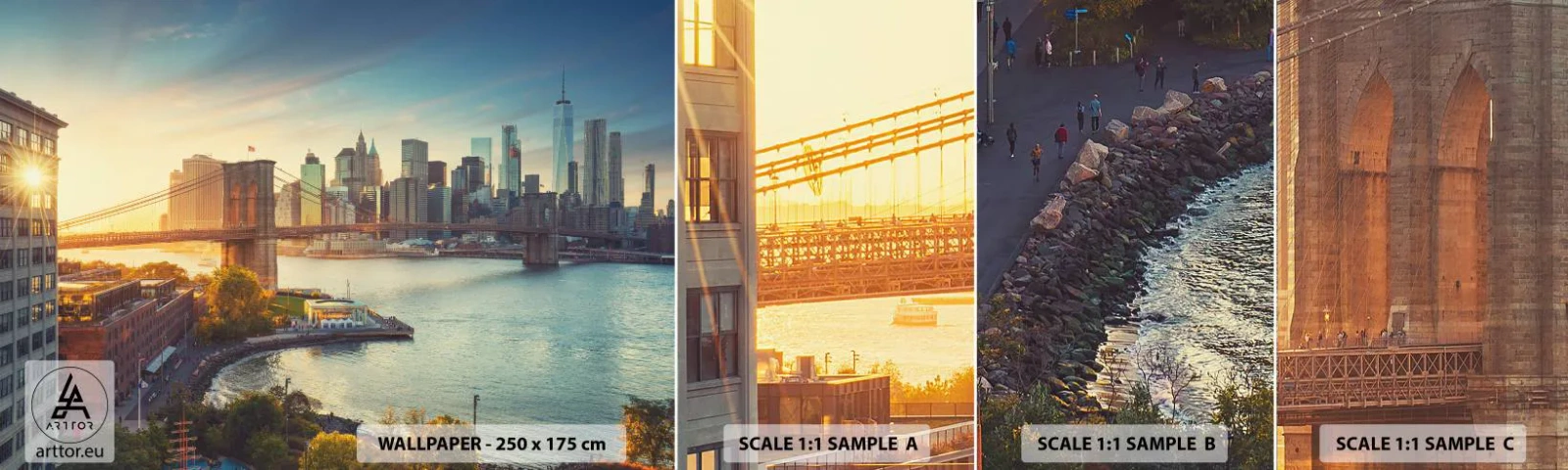 Échantillon De Papier Peint Standard Eco - L'aube de la grande ville - New York, Ville, le pont de Brooklyn - 100x30 cm