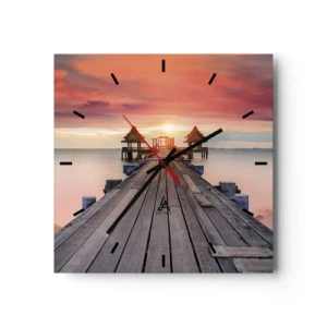 Horloge murale - Pendule murale - Jetée en bois menant aux belvédères au coucher du soleil - 30x30cm - L'Ouest à l'Est - Décoration murale moderne pour le salon et la chambre ARTTOR