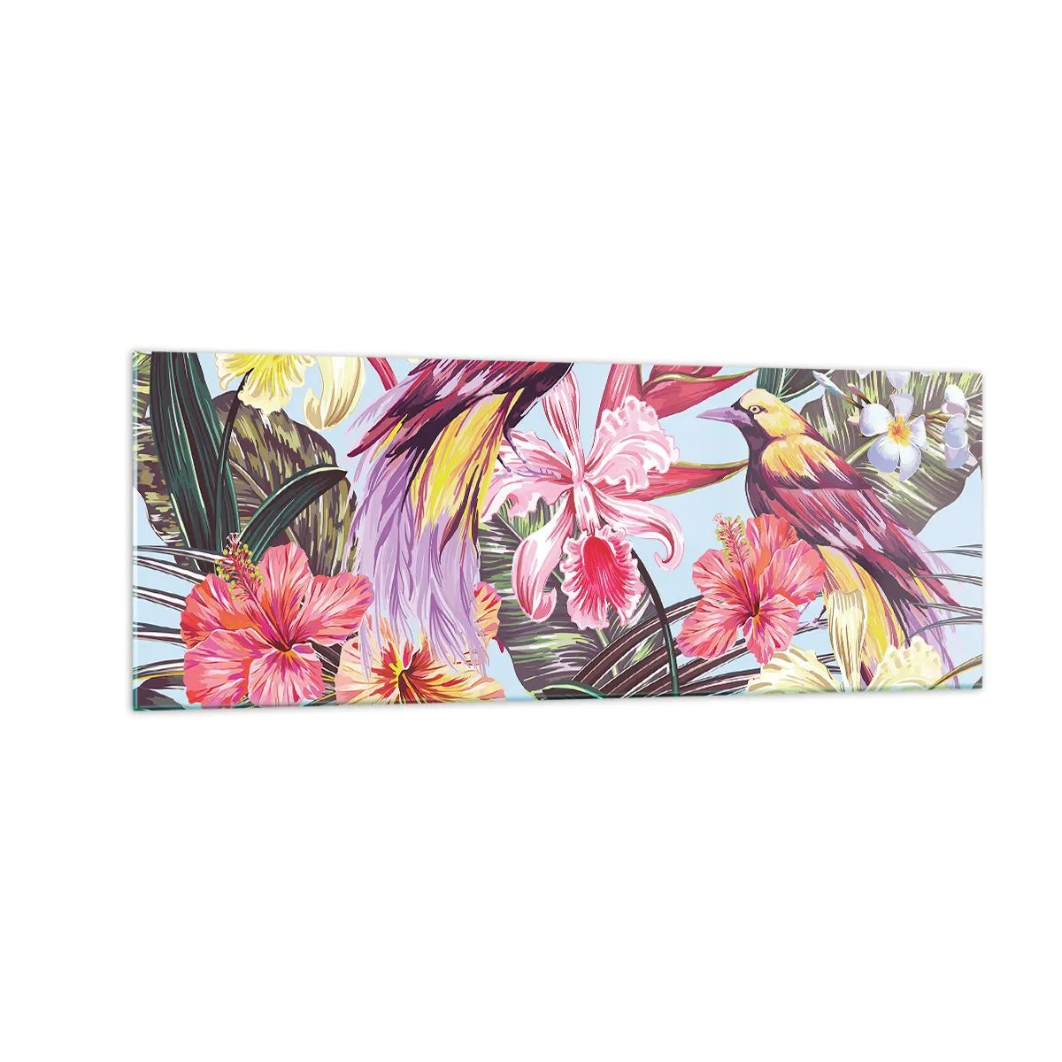Impression sur verre - Image sur verre - Oiseaux exotiques parmi les fleurs tropicales - 140x50cm - Pétales et plumes - Décoration murale moderne pour le salon et la chambre ARTTOR