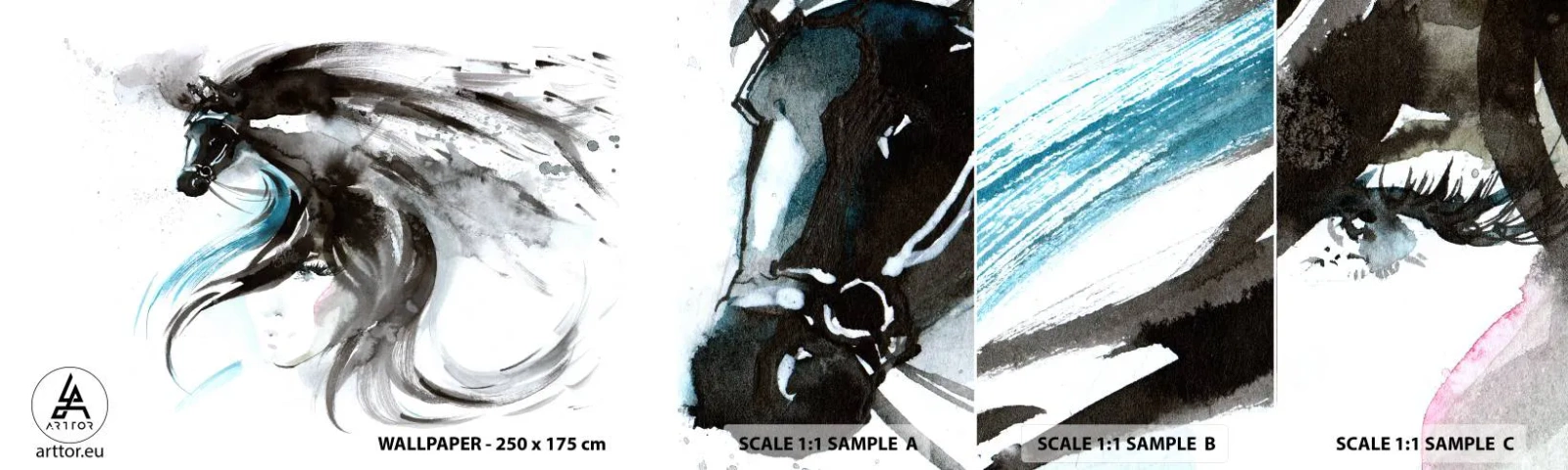 Échantillon De Papier Peint Standard Eco - Galop du prince noir - Animaux, Cheval, Graphique - 100x30 cm