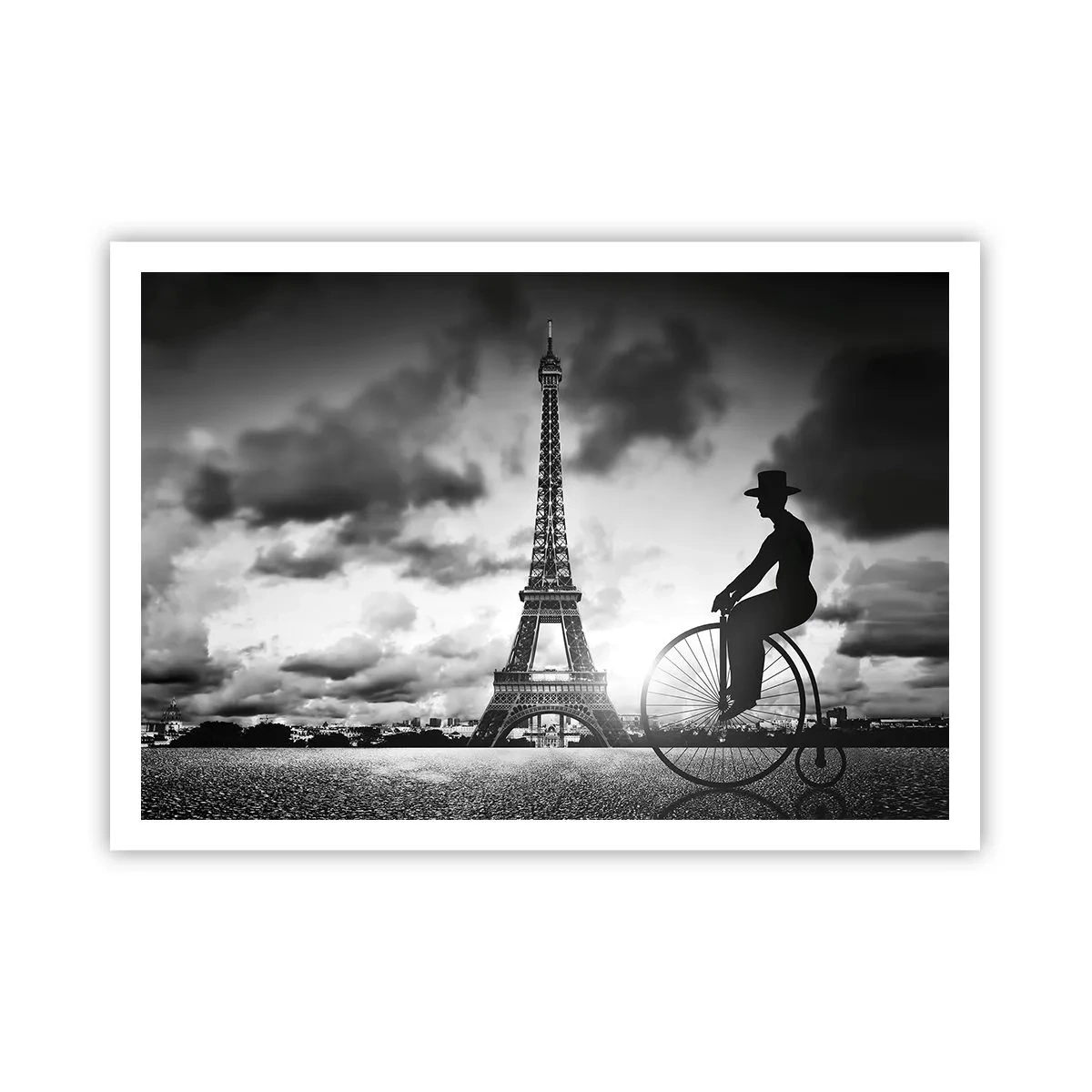 Affiche - Poster - Image en noir et blanc d'un vélo rétro avec la tour Eiffel en arrière-plan - 100x70cm - Nostalgie de la Belle Epoque - Décoration murale moderne pour le salon et la chambre ARTTOR