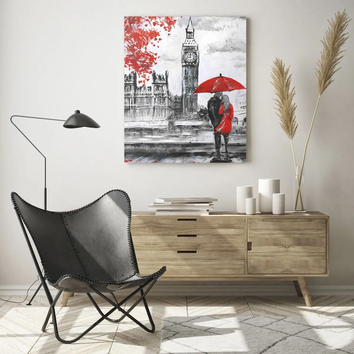 Impression sur verre - Image sur verre - Scène romantique avec Big Ben et un parapluie rouge - 70x100cm - Amoureux de Londres - Décoration murale moderne pour le salon et la chambre ARTTOR