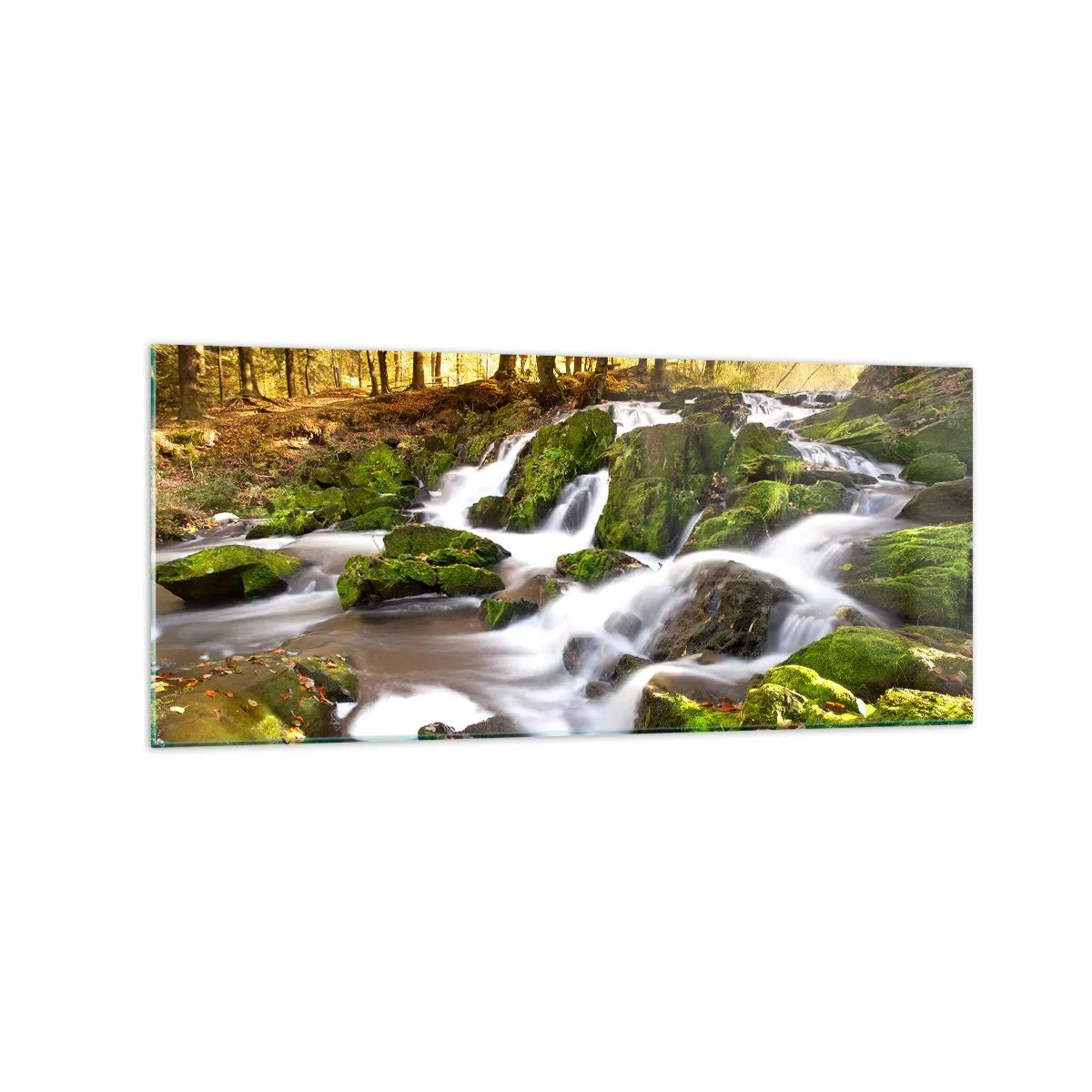 Impression sur verre - Image sur verre - Un paysage boisé avec une cascade entourée de mousse - 120x50cm - Rapidement à travers la forêt d'automne - Décoration murale moderne pour le salon et la chambre ARTTOR