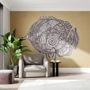 Papier Peint Photo Premium Sand - Poissons décoratifs sur fond doré en style zentangle - 100x70cm - D'un océan d'ornements - Décoration murale moderne pour le salon et la chambre ARTTOR