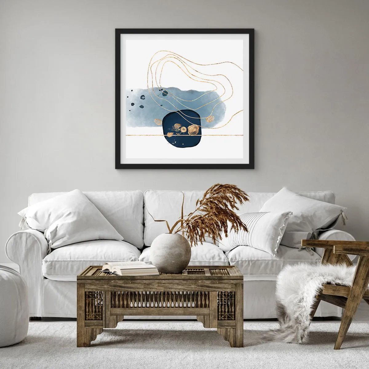 Affiche dans un cadre noir - Poster - Fantaisie bleu et or - 30x30 cm