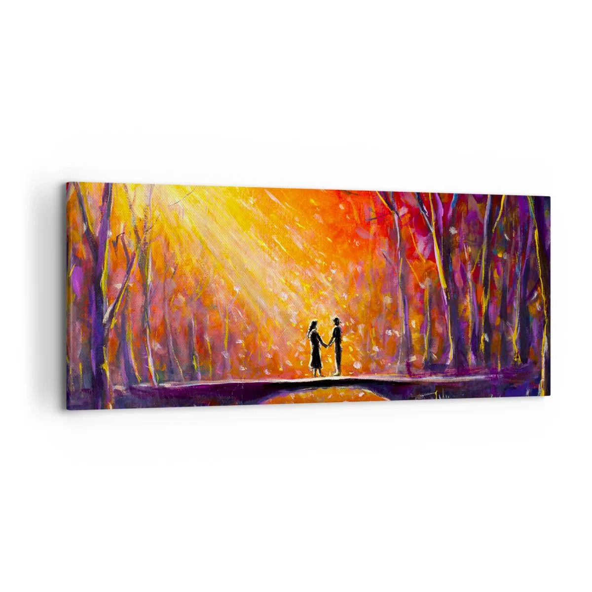 Impression sur toile - Image sur toile - Couple romantique sur un pont dans la forêt d'automne - 120x50cm - Le ciel les aime aussi - Décoration murale moderne pour le salon et la chambre ARTTOR