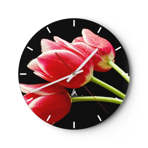 Horloge murale - Pendule murale - Tulipes rouges avec des gouttes d'eau sur fond noir - 30x30cm - Une promesse d'amour pur - Décoration murale moderne pour le salon, la cuisine et la chambre ARTTOR
