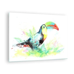 Impression sur verre - Image sur verre - Un toucan coloré dans un paysage aquarelle avec des feuilles - 70x50cm - Aussi coloré que l'Amérique du Sud - Décoration murale moderne pour le salon et la chambre ARTTOR
