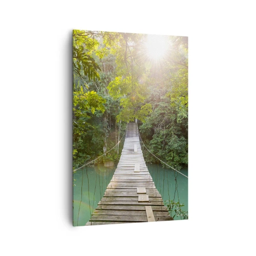 Impression sur toile - Image sur toile - Un pont suspendu dans une forêt tropicale illuminée par la lumière du soleil. - 80x120cm - De l'eau azur à la forêt azur - Décoration murale moderne pour le salon et la chambre ARTTOR