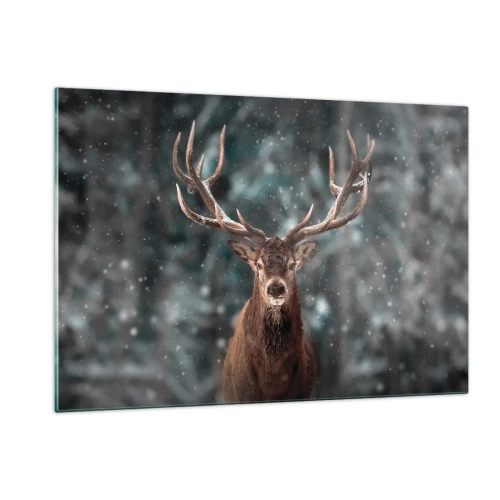 Impression sur verre - Image sur verre - Un cerf fier dans une forêt d'hiver au milieu de la neige qui tombe - 120x80cm - Roi de la forêt couronné - Décoration murale moderne pour le salon et la chambre ARTTOR
