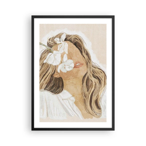 Affiche dans un cadre noir - Poster - Portrait d'une femme avec des fleurs couvrant son visage - 50x70cm - Ravie parmi les fleurs - Décoration murale moderne pour le salon et la chambre ARTTOR