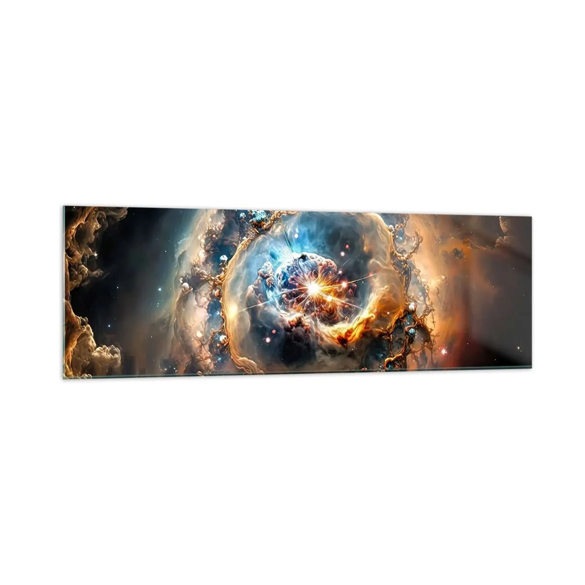 Impression sur verre - Image sur verre - Une vision abstraite d'une explosion cosmique dans des tons d'or et de bleu. - 160x50cm - Le début - Décoration murale moderne pour le salon et la chambre ARTTOR