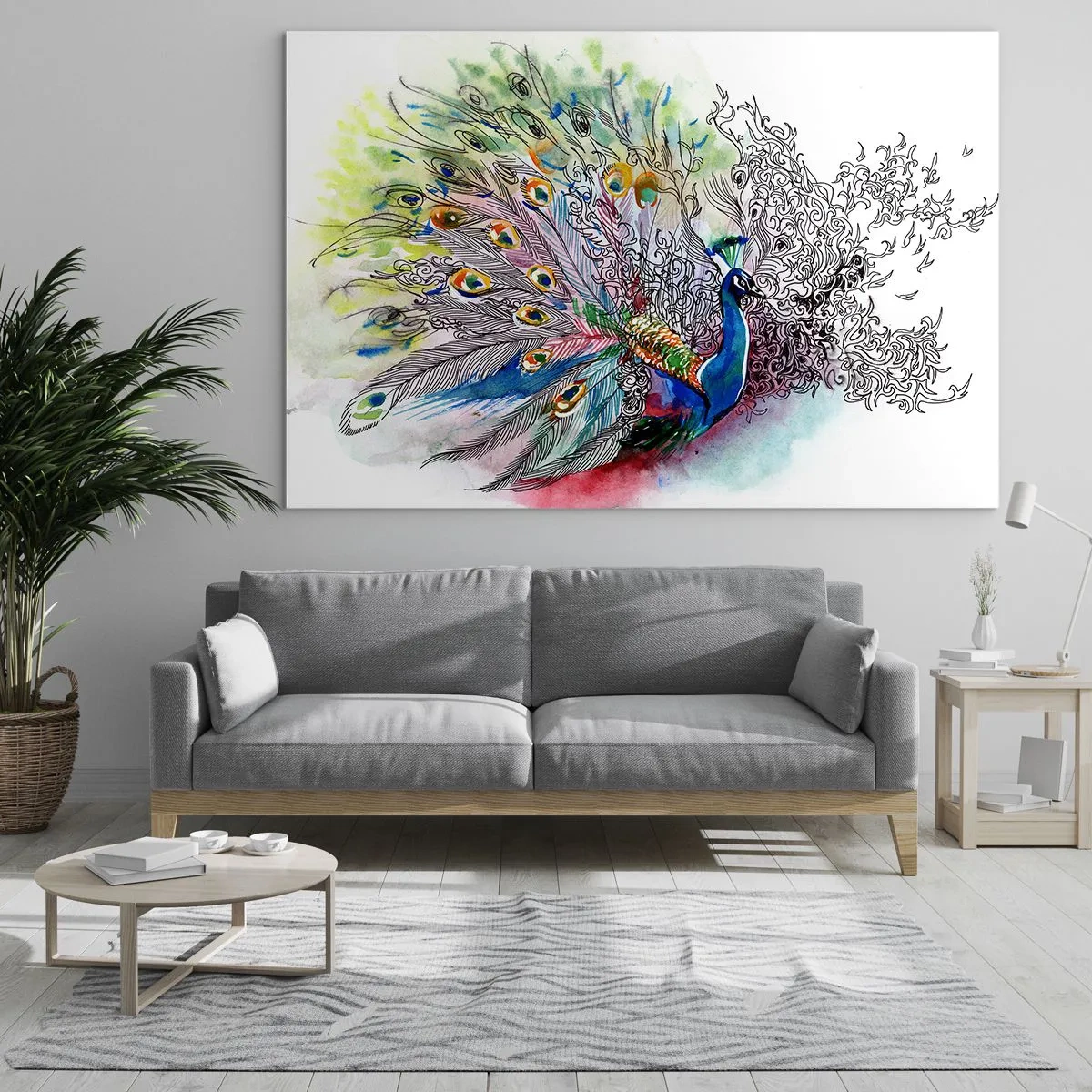 Impression sur verre - Image sur verre - Paon coloré dans un style aquarelle artistique - 100x70cm - Avec fierté contre la grisaille - Décoration murale moderne pour le salon et la chambre ARTTOR