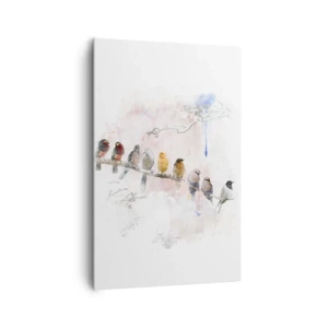 Impression sur toile - Image sur toile - Oiseaux colorés sur une branche dans un style aquarelle - 80x120cm - Rencontre ailée - Décoration murale moderne pour le salon et la chambre ARTTOR