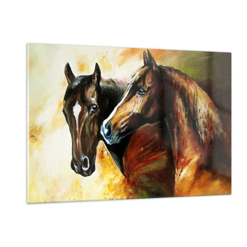 Impression sur verre - Image sur verre - Deux chevaux dans une composition artistique et dynamique - 120x80cm - Deux fois plus gracieux - Décoration murale moderne pour le salon et la chambre ARTTOR