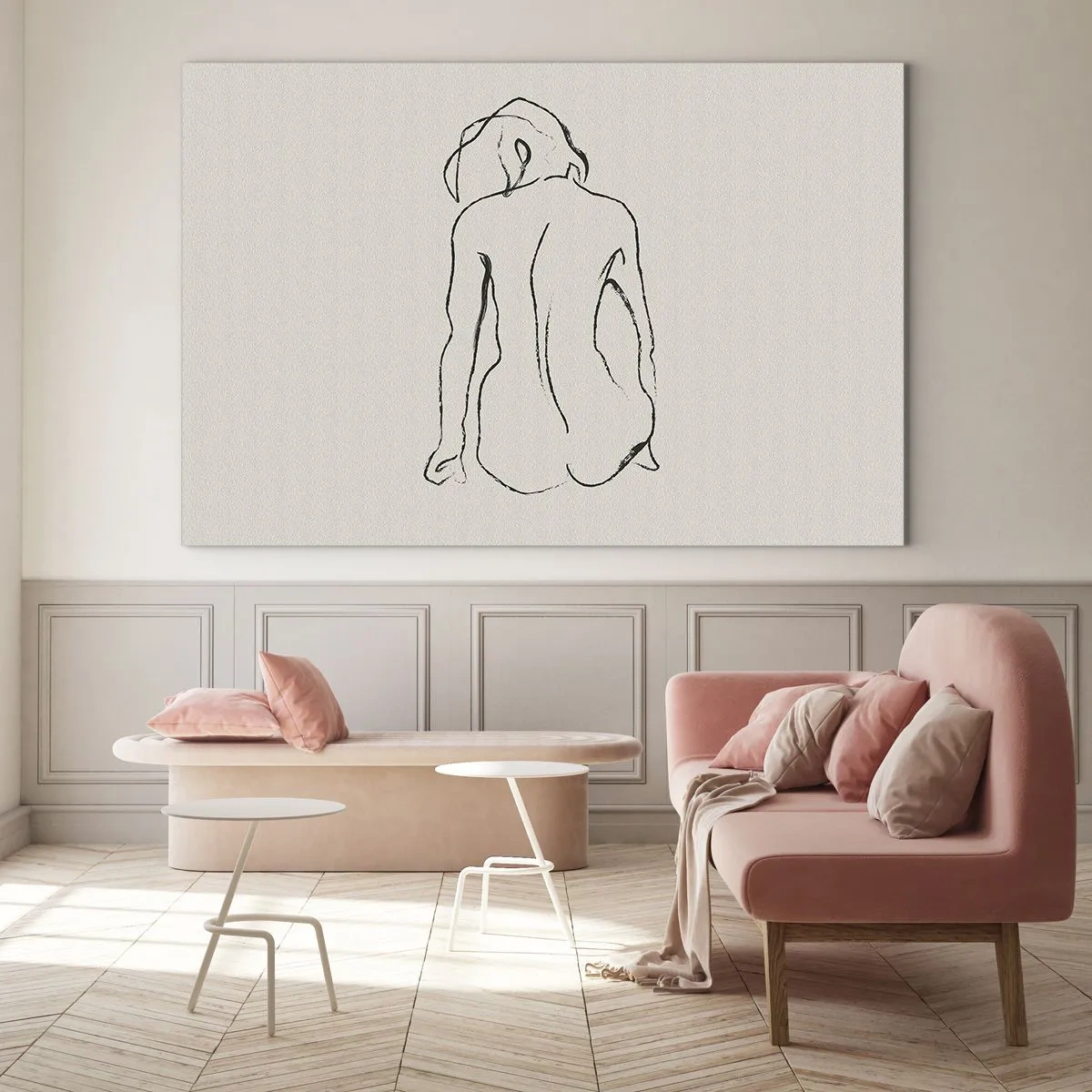Impression sur verre - Image sur verre - Un croquis délicat d'une femme assise, dessiné en noir sur un fond clair. - 120x80cm - Femme nue - Décoration murale moderne pour le salon et la chambre ARTTOR
