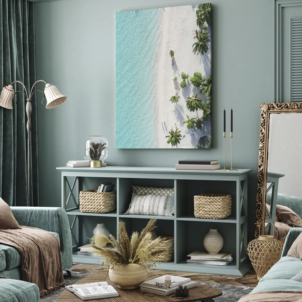 Impression sur toile - Image sur toile - Vue plongeante sur une plage tropicale avec de l'eau turquoise et des palmiers - 50x70cm - Vacances au paradis - Décoration murale moderne pour le salon et la chambre ARTTOR