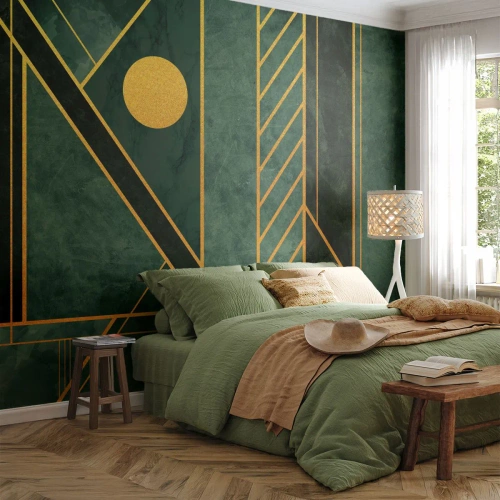 Papier Peint Photo Premium Sand - Géométrie verte avec des éléments dorés dans le style Art Déco - 100x70cm - Dynamique or et azur - Décoration murale moderne pour le salon et la chambre ARTTOR