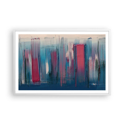 Affiche dans un cadre blanc - Poster - Composition verticale en bleu et rouge - 91x61 cm