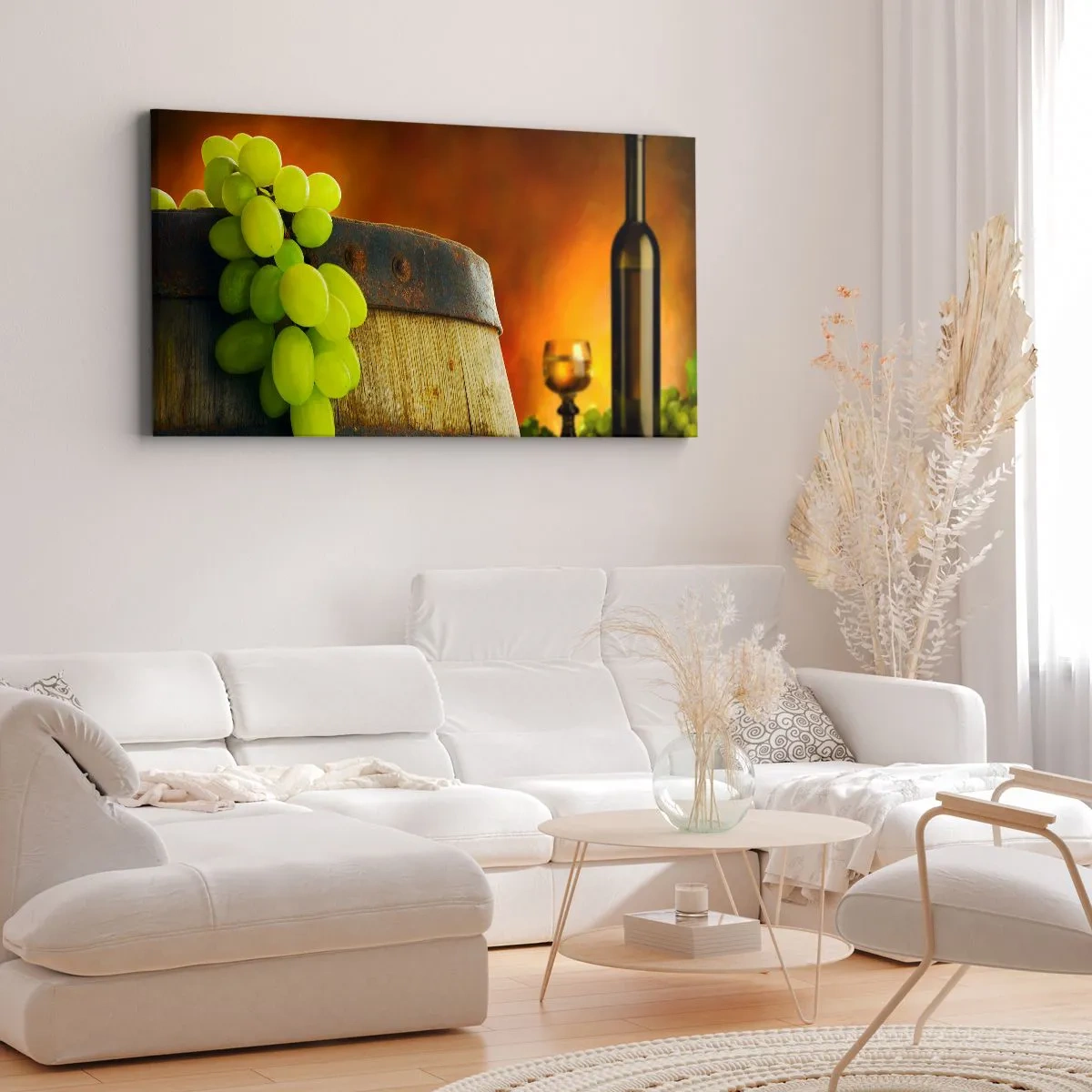 Impression sur toile - Image sur toile - Nature morte avec une bouteille de vin et une grappe de raisin - 90x30 cm