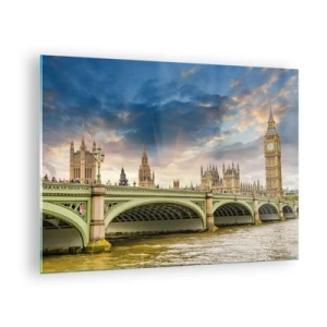 Impression sur verre - Image sur verre - Big Ben et le pont de Westminster au coucher du soleil - 70x50cm - Le temps s'est arrêté dans l'Empire - Décoration murale moderne pour le salon et la chambre ARTTOR