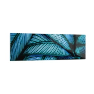 Impression sur verre - Image sur verre - Un gros plan de feuilles turquoise avec des détails vifs. - 160x50cm - Lignes de vie - Décoration murale moderne pour le salon et la chambre ARTTOR
