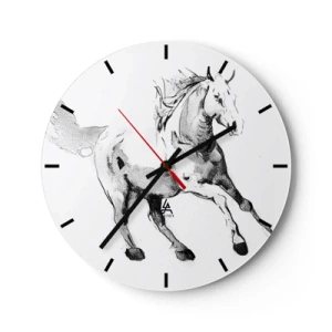 Horloge murale - Pendule murale - Croquis d'un cheval au galop sur fond blanc - 30x30cm - Âme indomptée - Décoration murale moderne pour le salon, la cuisine et la chambre ARTTOR