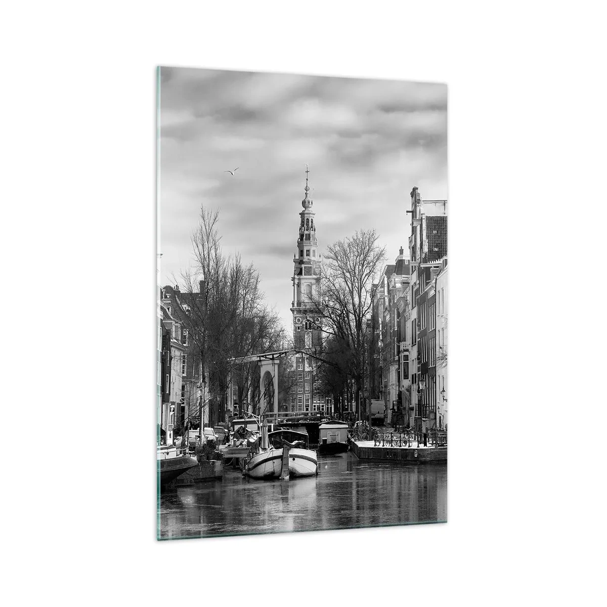 Impression sur verre - Image sur verre - Panorama noir et blanc d'Amsterdam avec canal et bâtiments historiques - 70x100cm - Climat d'Amsterdam - Décoration murale moderne pour le salon et la chambre ARTTOR