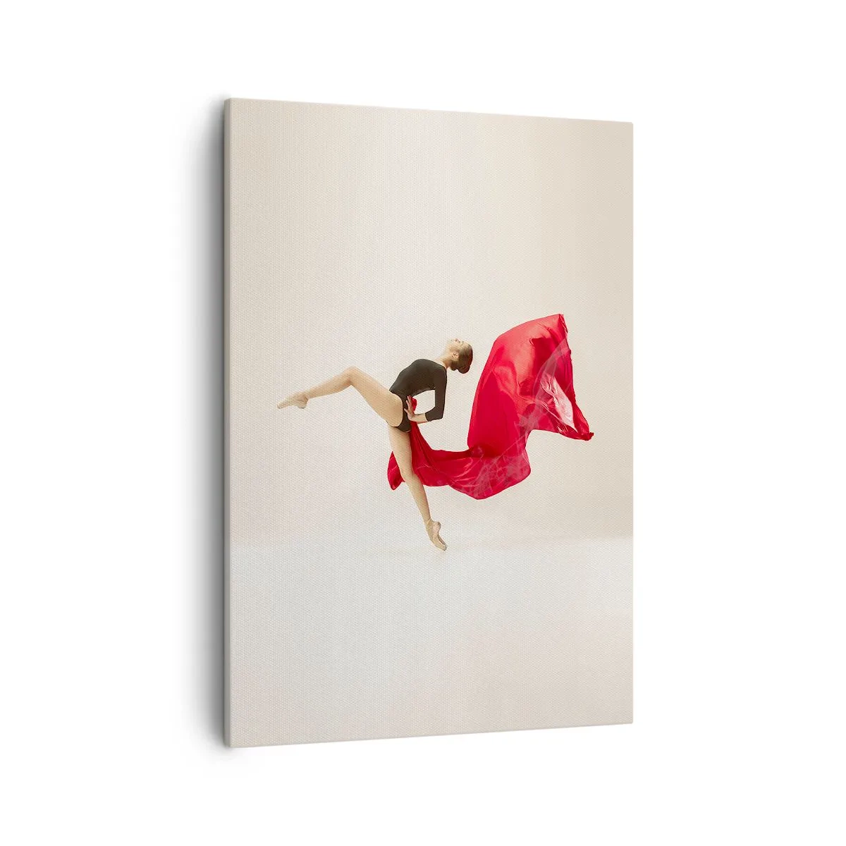 Impression sur toile - Image sur toile - Une danseuse dynamique en tenue noire et tissu rouge en mouvement. - 50x70cm - Rouge et noir - Décoration murale moderne pour le salon et la chambre ARTTOR