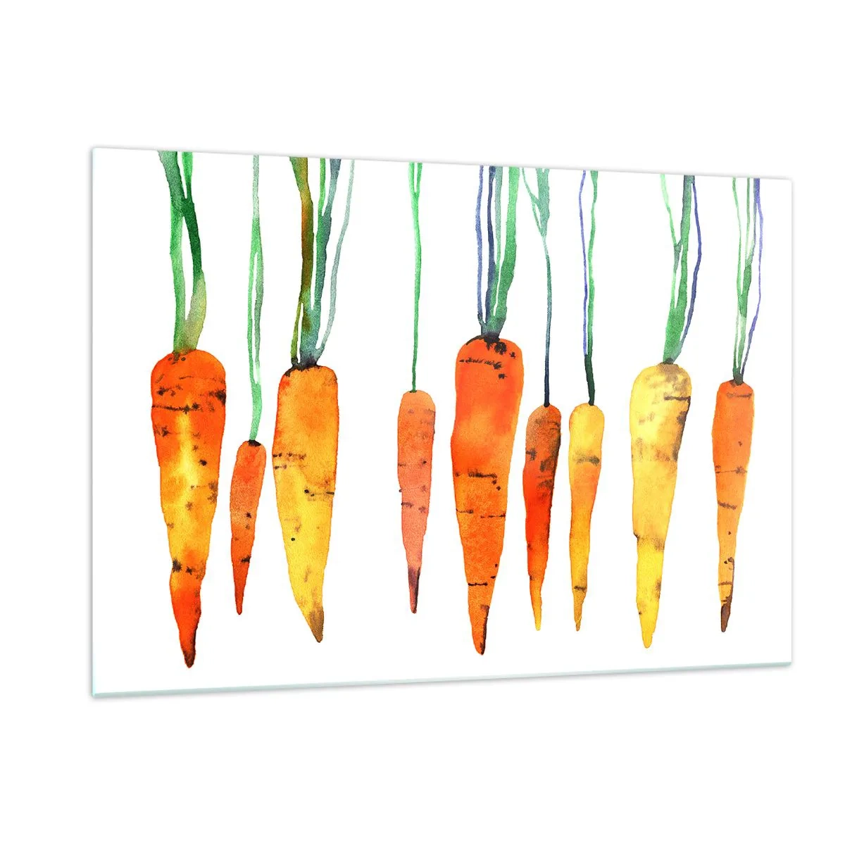 Impression sur verre - Image sur verre - Carottes à l'aquarelle dans différentes nuances d'orange avec des tiges vertes - 120x80cm - La beauté de l'ordinaire - Décoration murale moderne pour le salon et la chambre ARTTOR