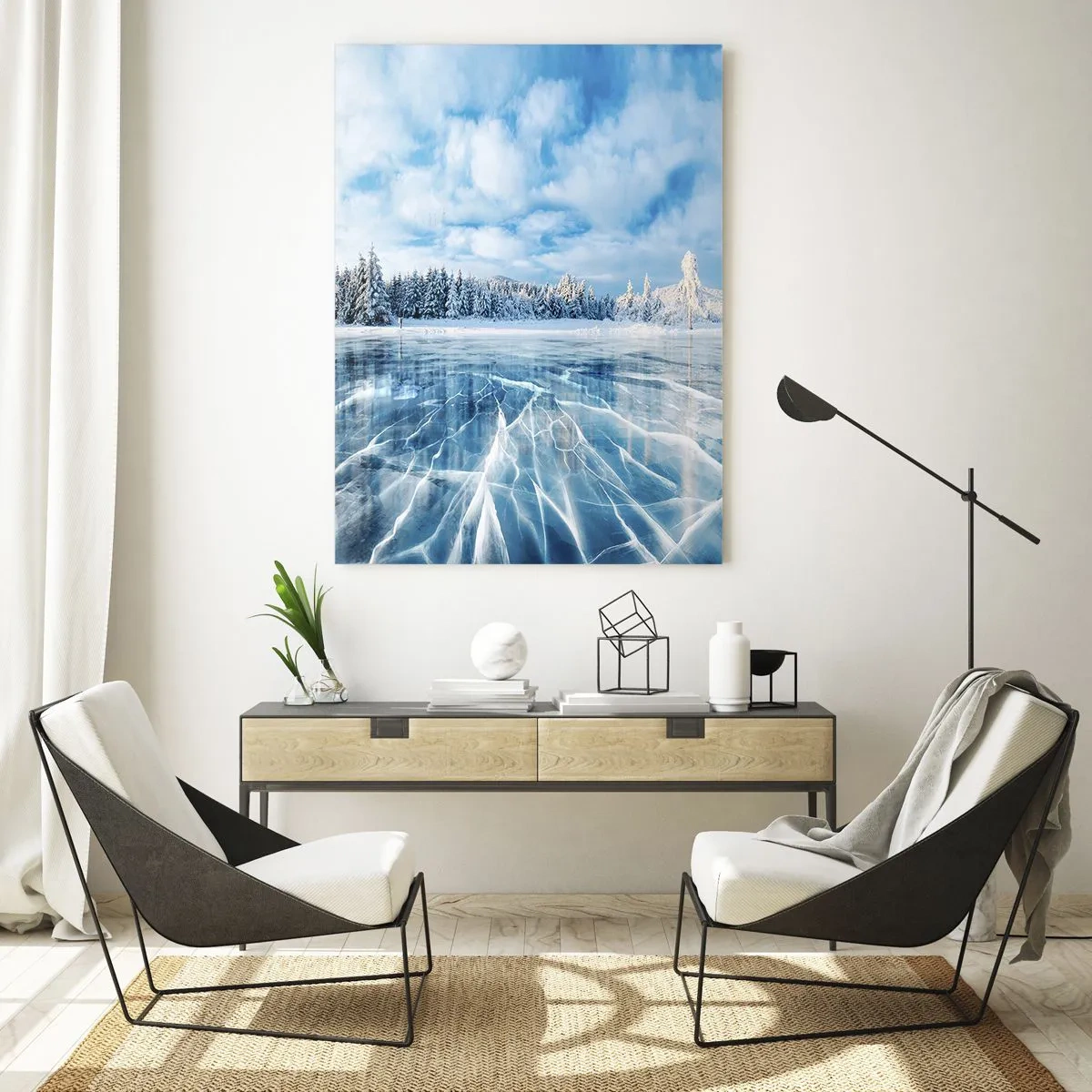 Impression sur verre - Image sur verre - Un lac gelé entouré d'une forêt hivernale - 50x70cm - Vue éblouissante et cristalline - Décoration murale moderne pour le salon et la chambre ARTTOR