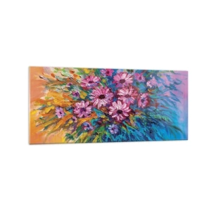 Impression sur verre - Image sur verre - Fleurs colorées dans un bouquet sur un fond de couleur pastel - 120x50cm - Énergie de la vie - Décoration murale moderne pour le salon et la chambre ARTTOR