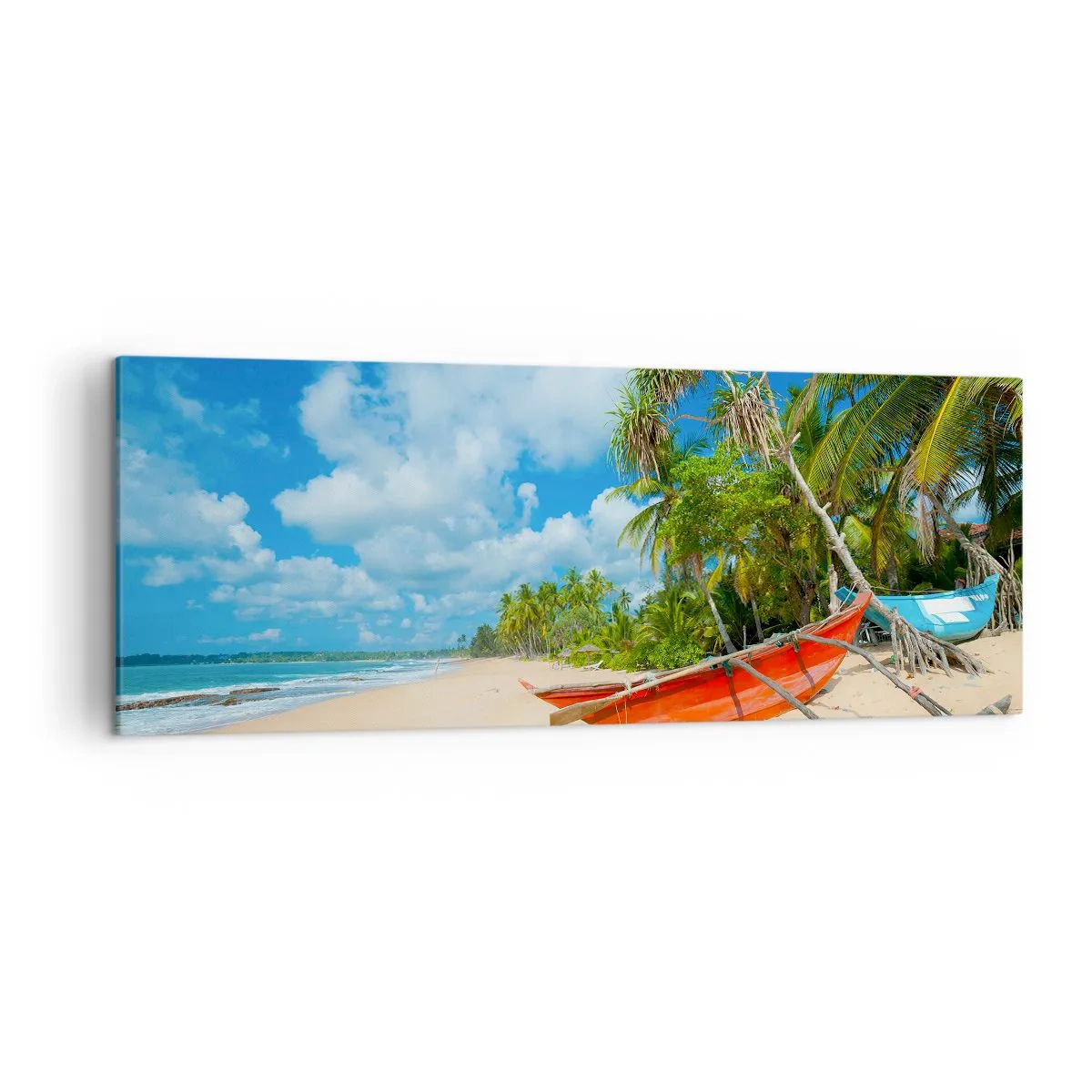 Impression sur toile - Image sur toile - Plage tropicale avec palmiers et bateaux colorés - 140x50cm - Le charme des tropiques - Décoration murale moderne pour le salon et la chambre ARTTOR