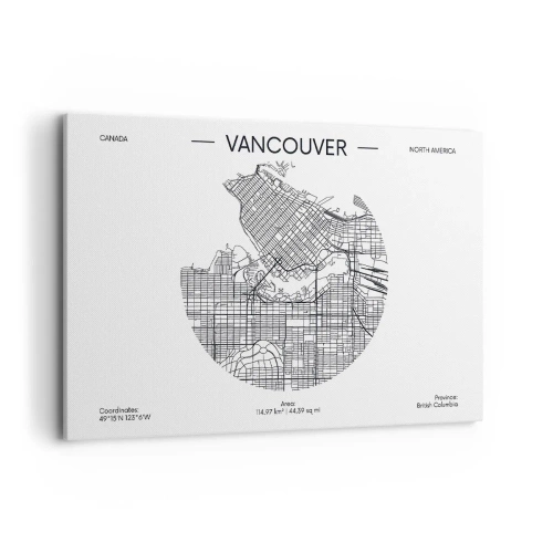 Impression sur toile - Image sur toile - Une carte de Vancouver dans un style minimaliste en noir et blanc - 120x80cm - Anatomie de Vancouver - Décoration murale moderne pour le salon et la chambre ARTTOR