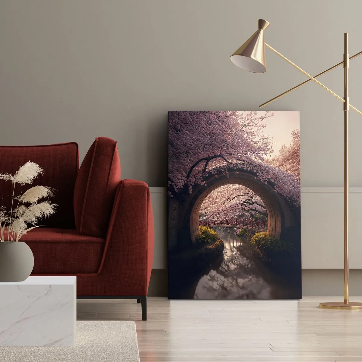 Impression sur toile - Image sur toile - Un pont japonais traditionnel entouré de fleurs de cerisier - 80x120cm - Printemps japonais - Décoration murale moderne pour le salon et la chambre ARTTOR