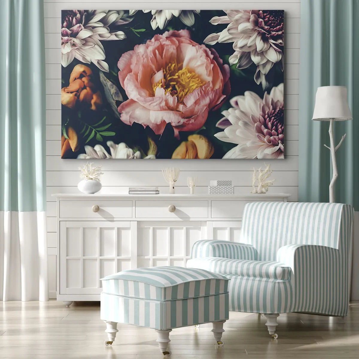 Impression sur toile - Image sur toile - Composition florale avec pivoines et chrysanthèmes sur fond sombre - 100x70cm - Splendeur baroque - Décoration murale moderne pour le salon et la chambre ARTTOR