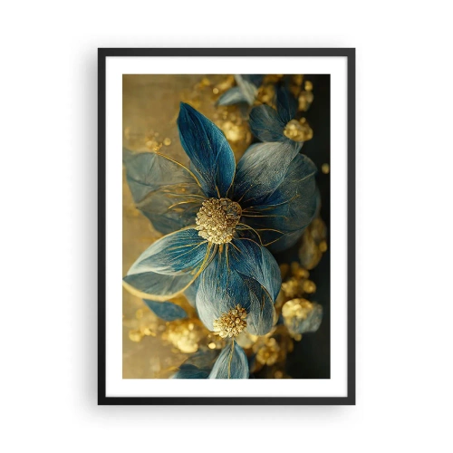 Affiche dans un cadre noir - Poster - Fleurs dorées et bleu marine dans une composition élégante - 50x70cm - Fleurir avec de l'or - Décoration murale moderne pour le salon et la chambre ARTTOR