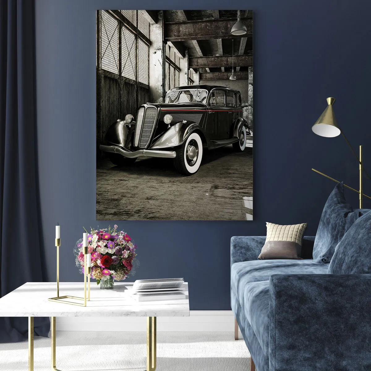 Impression sur verre - Image sur verre - Une voiture ancienne dans un garage élégant - 50x70cm - L'élégance éternelle des années 30 - Décoration murale moderne pour le salon et la chambre ARTTOR
