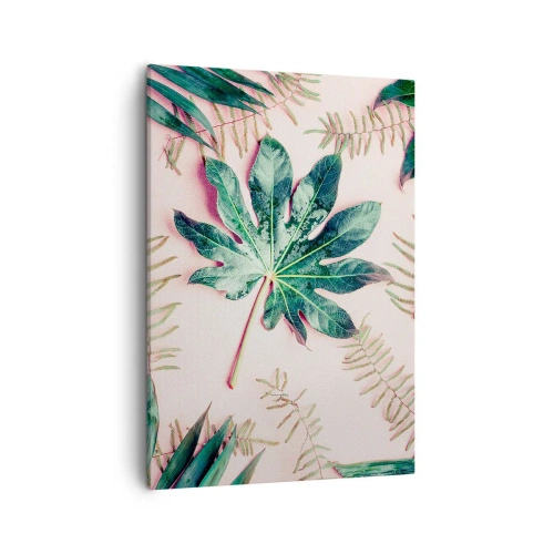 Impression sur toile - Image sur toile - Feuilles tropicales sur fond pastel clair - 50x70cm - Étude de verdure sur fond rose - Décoration murale moderne pour le salon et la chambre ARTTOR