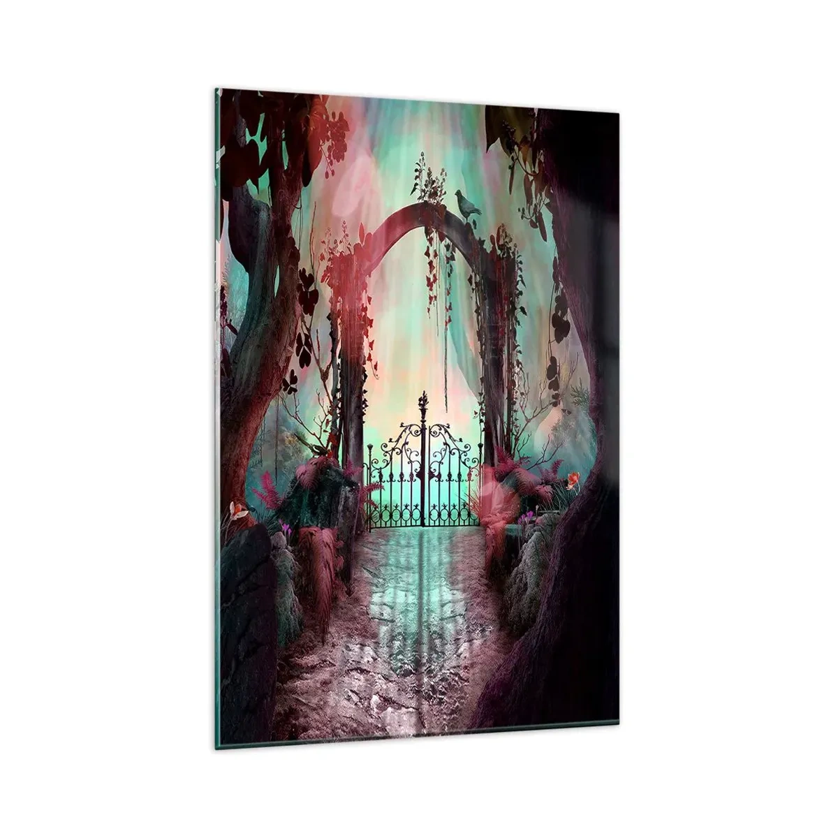 Impression sur verre - Image sur verre - Une entrée magique avec un portail en fer forgé entouré d'une végétation mystérieuse - 80x120cm - Jardin secret - Décoration murale moderne pour le salon et la chambre ARTTOR