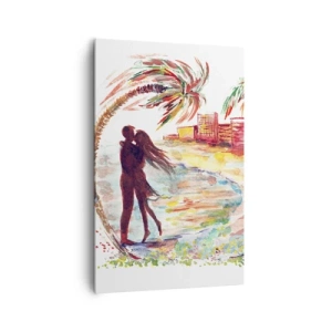 Impression sur toile - Image sur toile - Scène de couple romantique sur une plage avec des palmiers à l'aquarelle - 80x120cm - Vacances romantiques - Décoration murale moderne pour le salon et la chambre ARTTOR